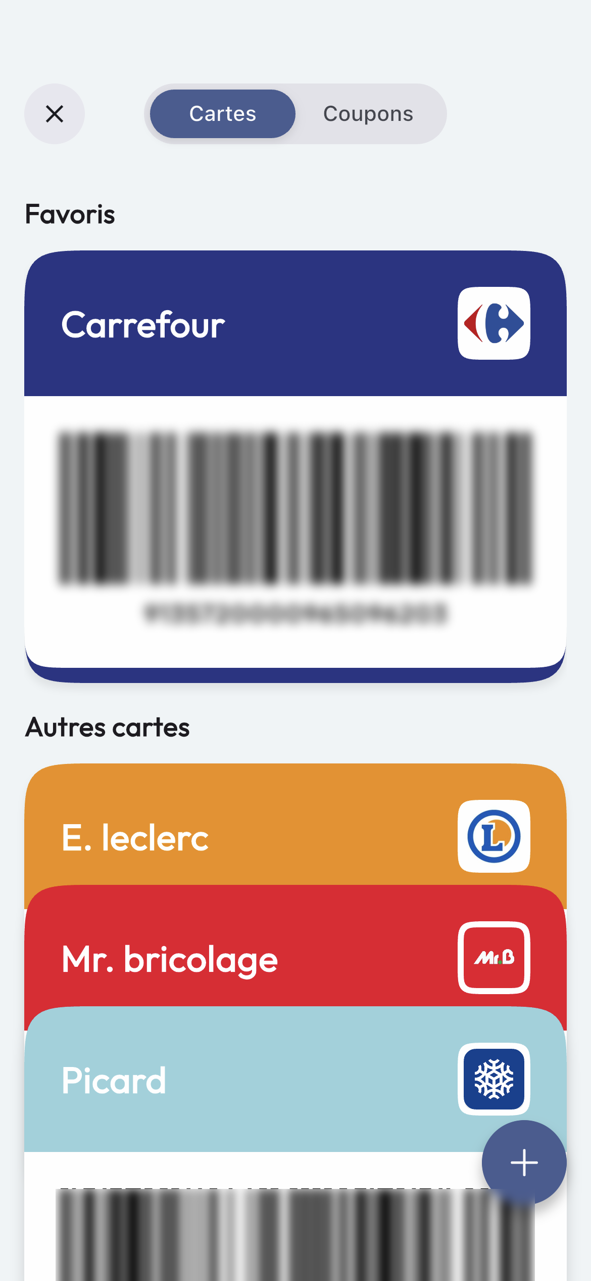 Loyalty card, coupon, and wishlist screen